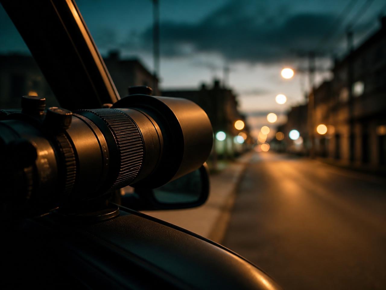 Long-lens surveillance camera set up from inside a vehicle on a quiet street at dusk